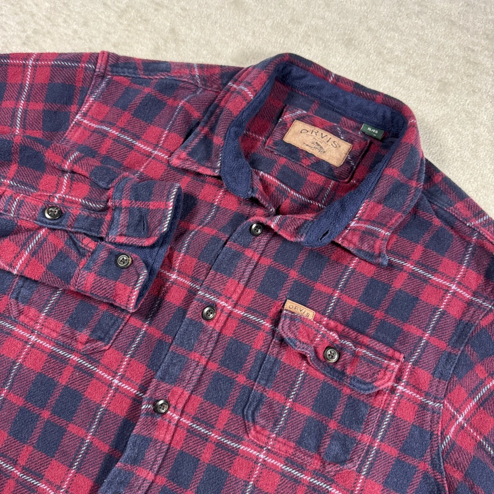 Orvis Shirt Mens XL Red Navy Plaid Flannel Fleece Lined Collar Button Down Heavy